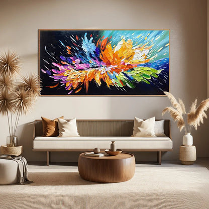 COSMIC BURST: Textured Impasto Abstract Oil Painting | gold frame stretched on neutral wall