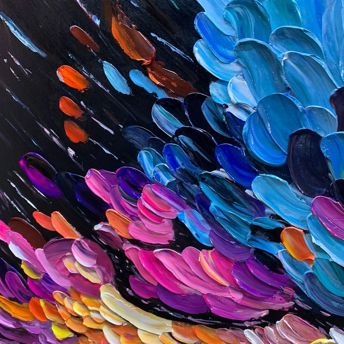 COSMIC BURST: Textured Impasto Abstract Oil Painting | black frame version on white wall