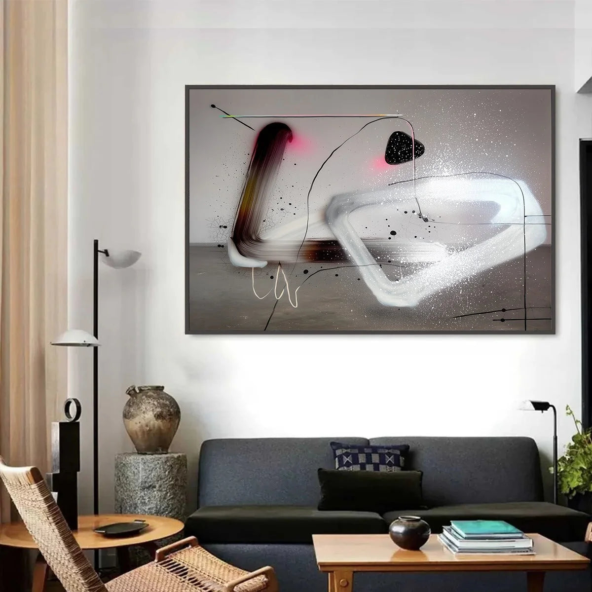 COSMIC DRIFT: Abstract Minimalist Oil Painting on Grey | rectangular format, hand-painted canvas edge