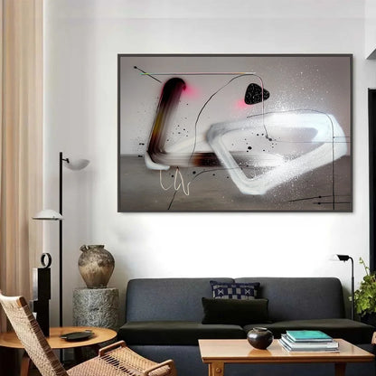 COSMIC DRIFT: Abstract Minimalist Oil Painting on Grey | rectangular format, hand-painted canvas edge