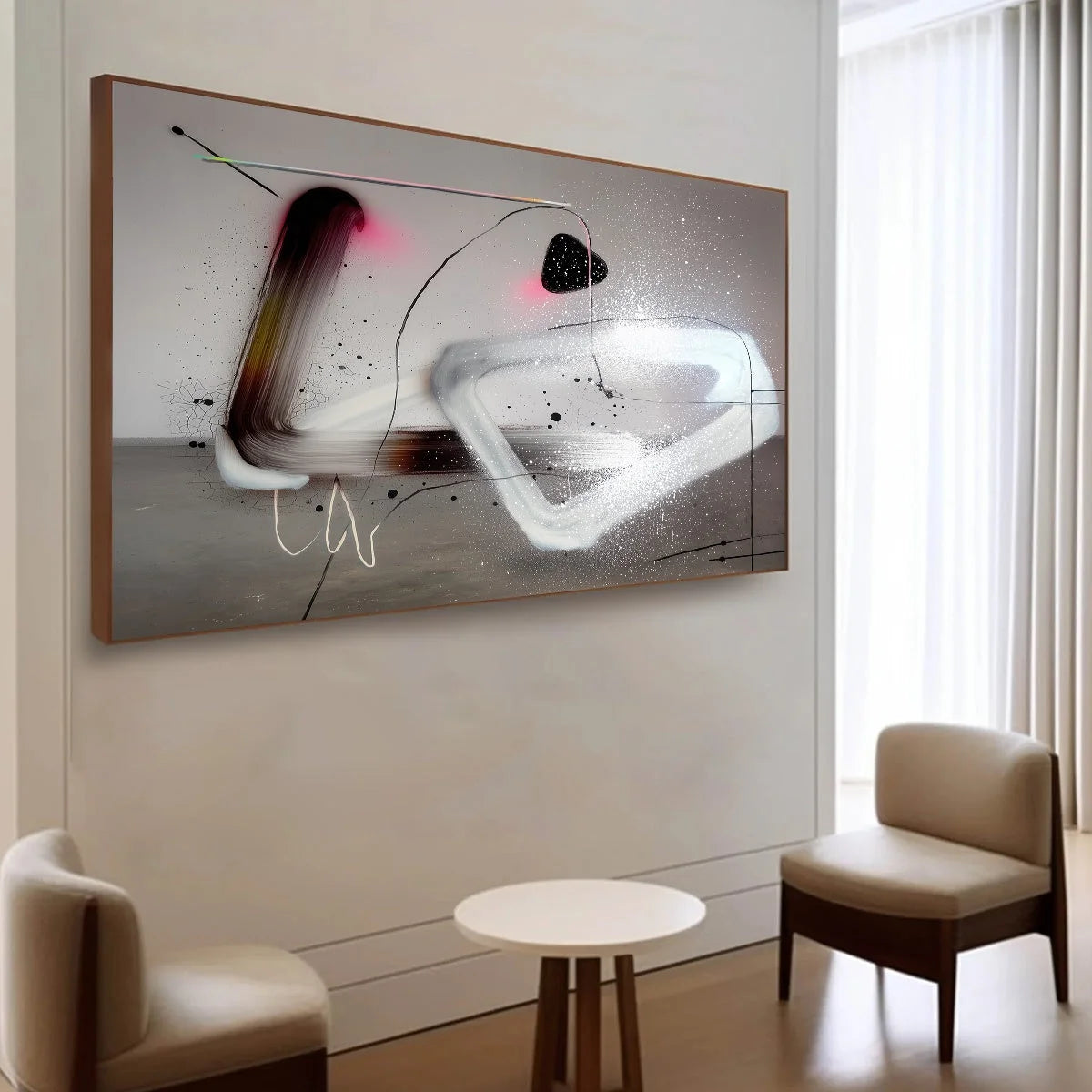 COSMIC DRIFT: Abstract Minimalist Oil Painting on Grey | rolled canvas, ready for custom framing
