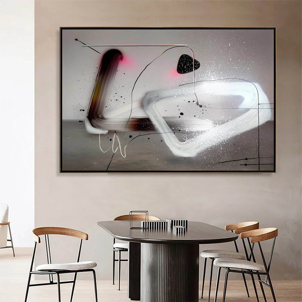 COSMIC DRIFT: Abstract Minimalist Oil Painting on Grey | black frame version on white wall