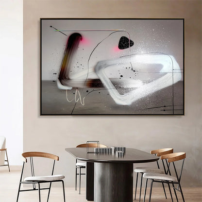 COSMIC DRIFT: Abstract Minimalist Oil Painting on Grey | black frame version on white wall