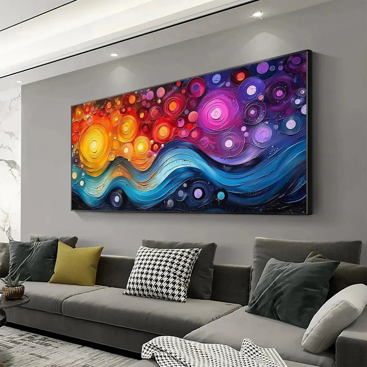 COSMIC WHIRL: Colorful Abstract Swirl Painting | gold frame stretched on neutral wall