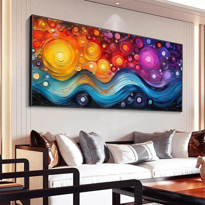 COSMIC WHIRL: Colorful Abstract Swirl Painting | black frame version on white wall