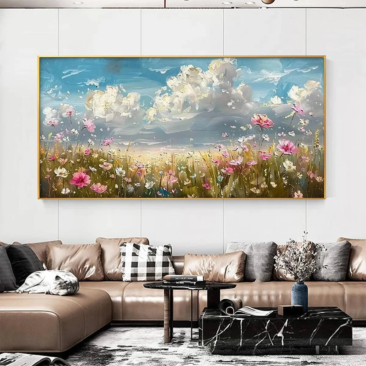 COSMOS FIELD: Textured Floral Landscape Painting, Impasto Wall Art, Horizontal Canvas, Wildflower Decor | Landscape closeup, raised brushwork detail