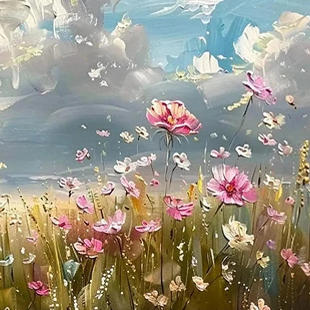 COSMOS FIELD: Textured Floral Landscape Painting, Impasto Wall Art, Horizontal Canvas, Wildflower Decor | rectangular format, hand-painted canvas edge