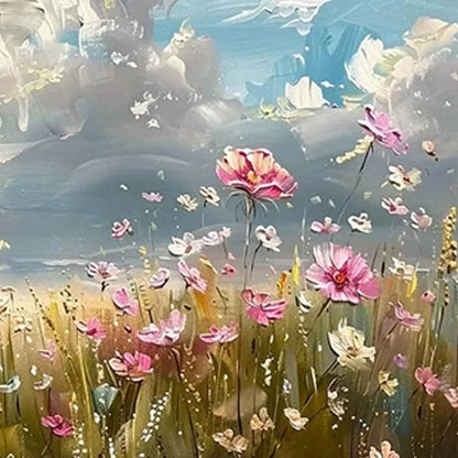 COSMOS FIELD: Textured Floral Landscape Painting, Impasto Wall Art, Horizontal Canvas, Wildflower Decor | rectangular format, hand-painted canvas edge