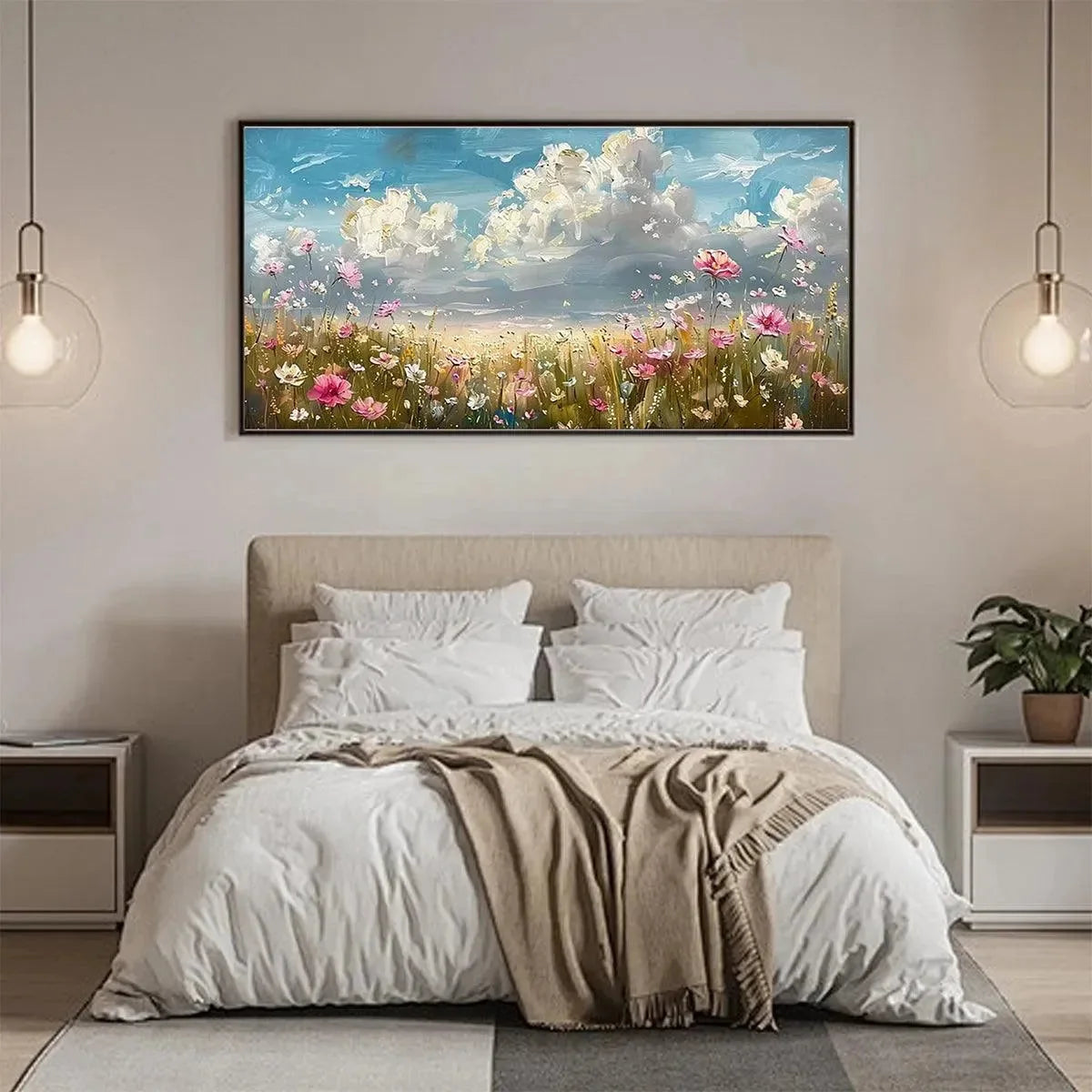 COSMOS FIELD: Textured Floral Landscape Painting, Impasto Wall Art, Horizontal Canvas, Wildflower Decor | gold frame stretched on neutral wall