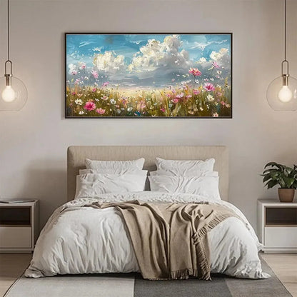 COSMOS FIELD: Textured Floral Landscape Painting, Impasto Wall Art, Horizontal Canvas, Wildflower Decor | gold frame stretched on neutral wall