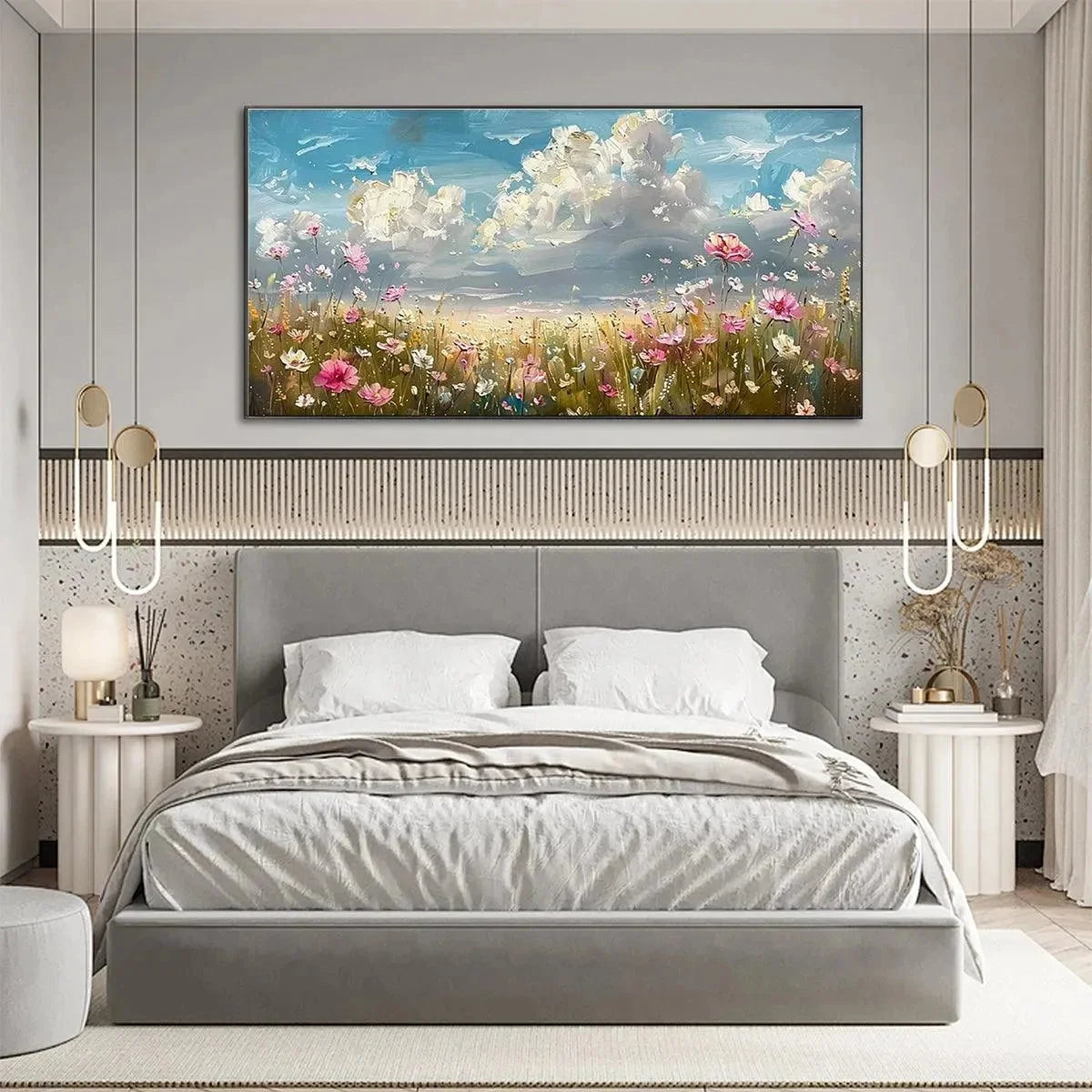 COSMOS FIELD: Textured Floral Landscape Painting, Impasto Wall Art, Horizontal Canvas, Wildflower Decor | rolled canvas, ready for custom framing