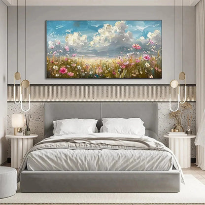 COSMOS FIELD: Textured Floral Landscape Painting, Impasto Wall Art, Horizontal Canvas, Wildflower Decor | rolled canvas, ready for custom framing