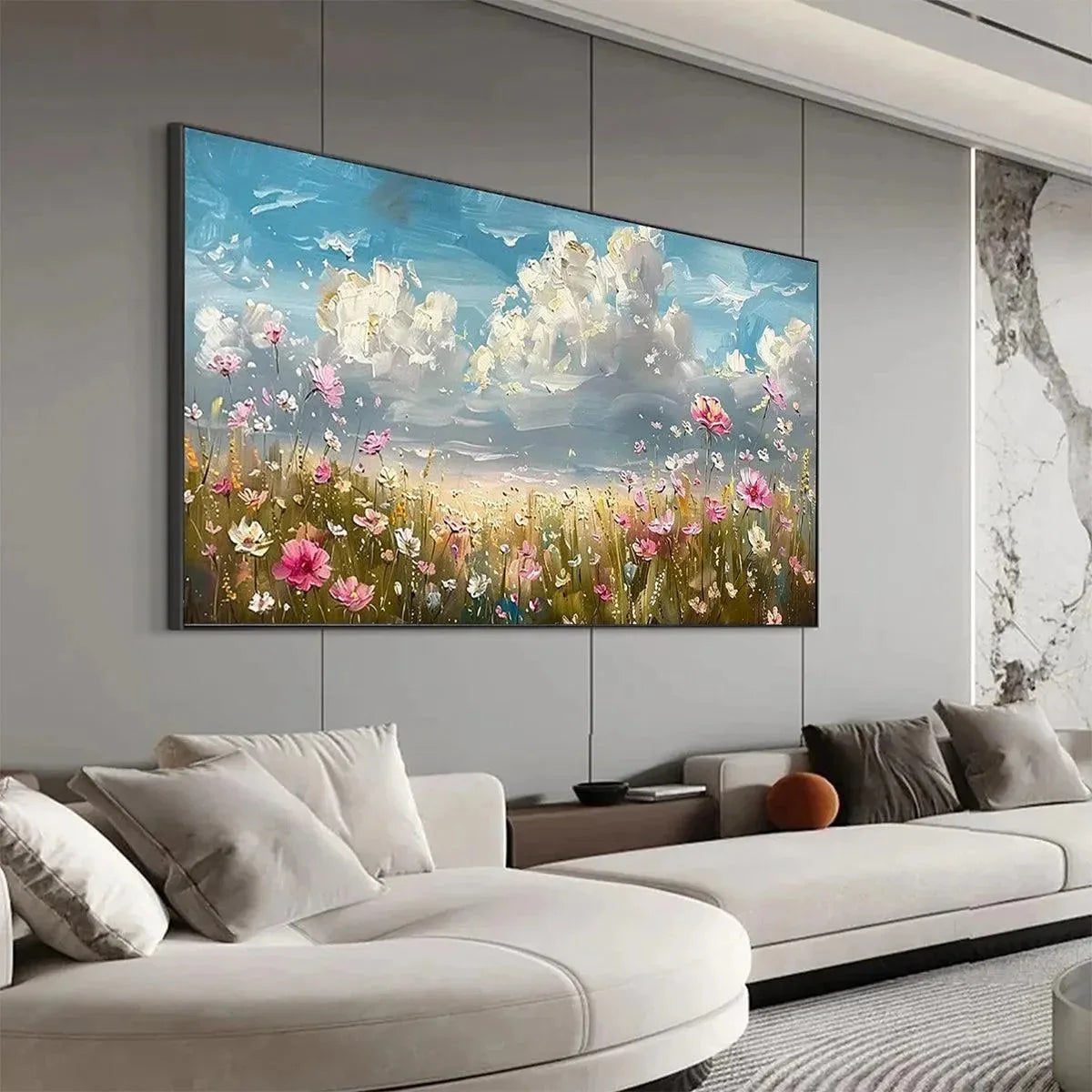 COSMOS FIELD: Textured Floral Landscape Painting, Impasto Wall Art, Horizontal Canvas, Wildflower Decor | black frame version on white wall