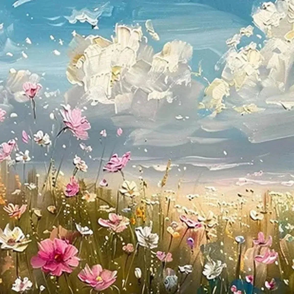 COSMOS FIELD: Textured Floral Landscape Painting, Impasto Wall Art, Horizontal Canvas, Wildflower Decor | Landscape mood, soft natural light studio shot