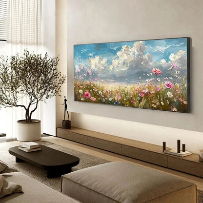 COSMOS FIELD: Textured Floral Landscape Painting, Impasto Wall Art, Horizontal Canvas, Wildflower Decor | beige palette, original Hand-painted on premium stretched canvas using artist-grade oils; r...