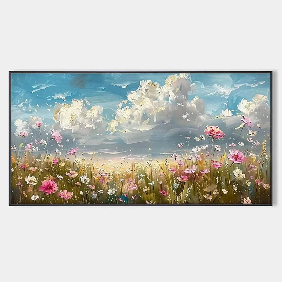 COSMOS FIELD: Textured Floral Landscape Painting, Impasto Wall Art, Horizontal Canvas, Wildflower Decor | hanging in COSMOS FIELD: Textured Floral Landscape Painting, Impasto Wall Art, Horizontal C...