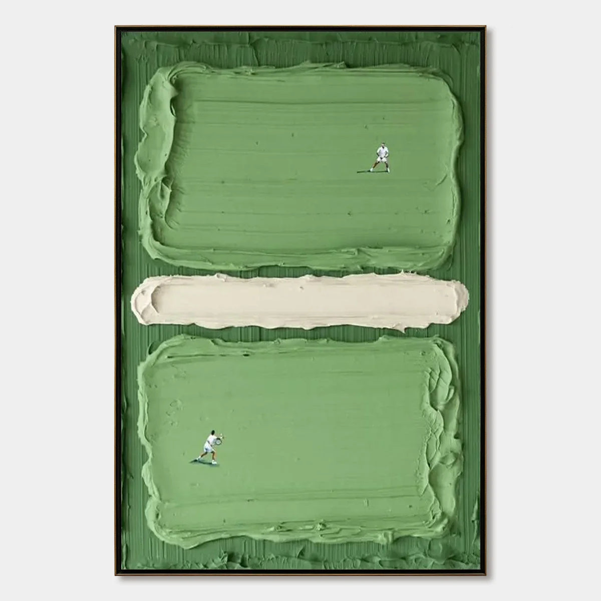 COURT RHYTHM: Textured Sports Impasto Oil Painting | hanging in COURT RHYTHM: Textured Sports Impasto Oil Painting featuring layered textured brushwork in refined tones; abstract composition with r...