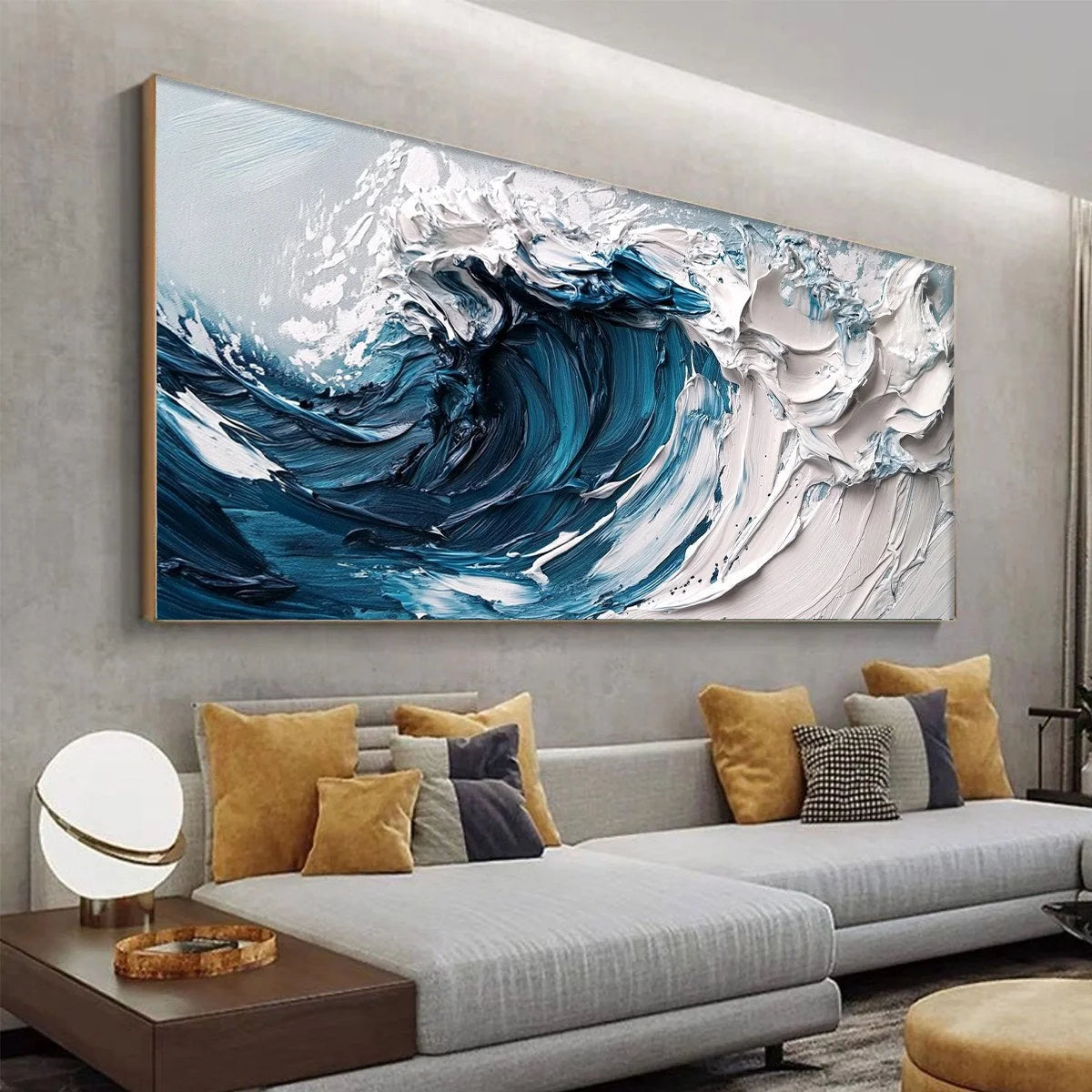 CRASHING WAVE: Textured Impasto Ocean Wave Oil Painting | gold frame stretched on neutral wall
