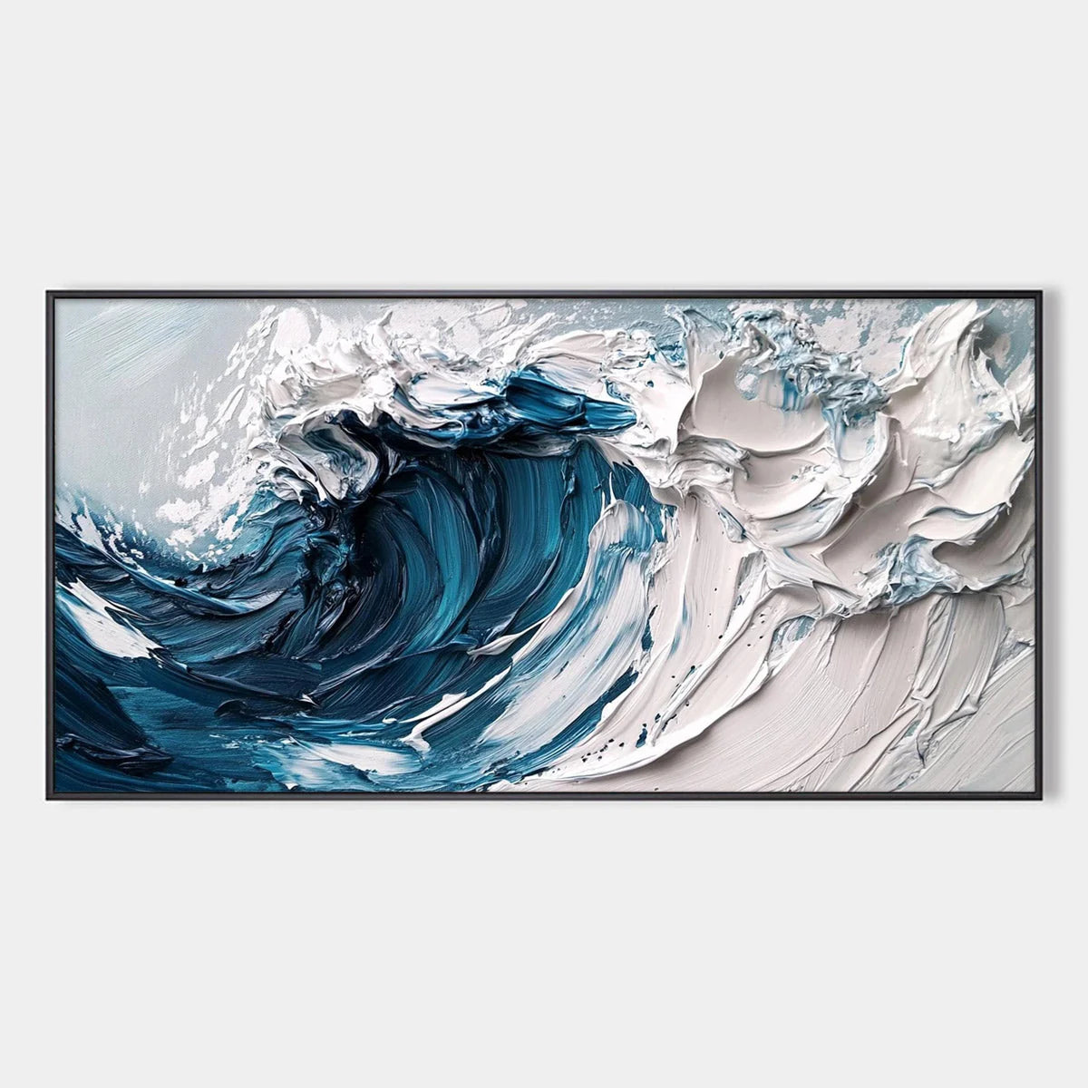 CRASHING WAVE: Textured Impasto Ocean Wave Oil Painting | hanging in CRASHING WAVE: Textured Impasto Ocean Wave Oil Painting featuring layered textured brushwork in refined tones; abstract composit...