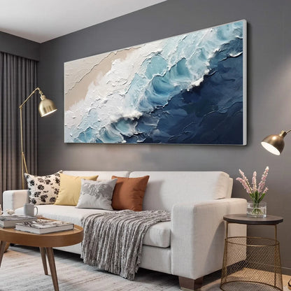 CRASHING WAVES: Textured Coastal Seascape Oil Painting | gold frame stretched on neutral wall