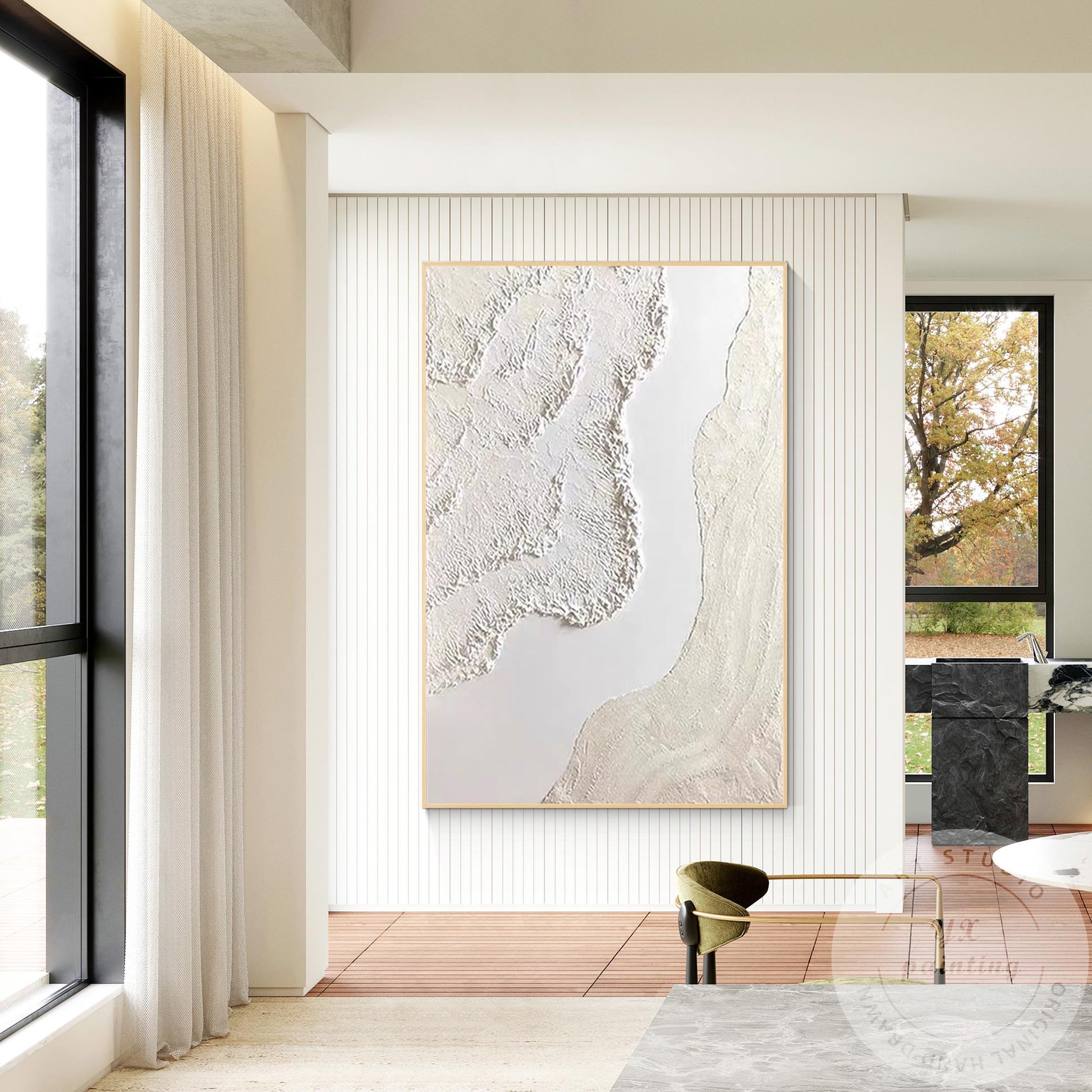Cream Beige 3D Texture Abstract Painting, Neutral Plaster Wave Canvas Art, Minim #2
