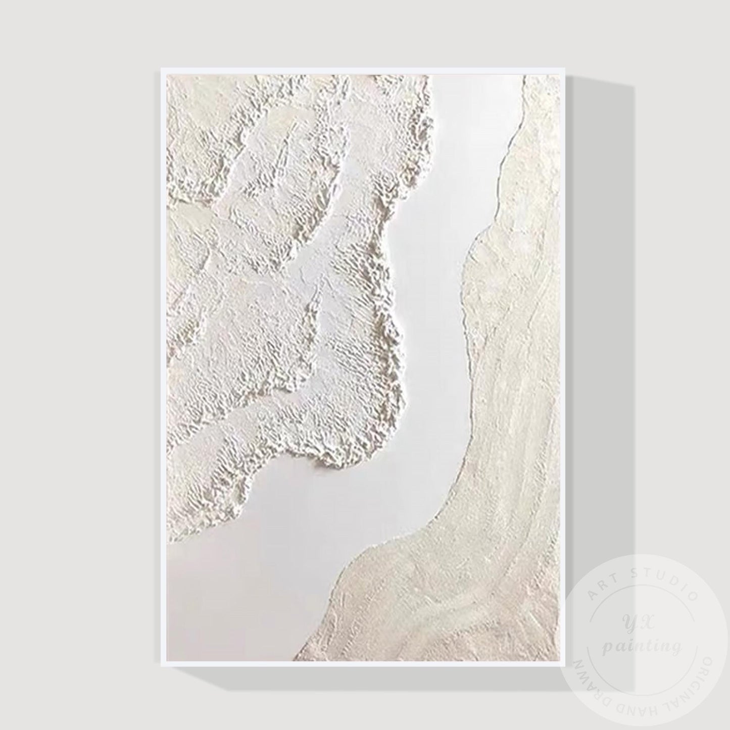 Cream Beige 3D Texture Abstract Painting, Neutral Plaster Wave Canvas Art, Minim #12