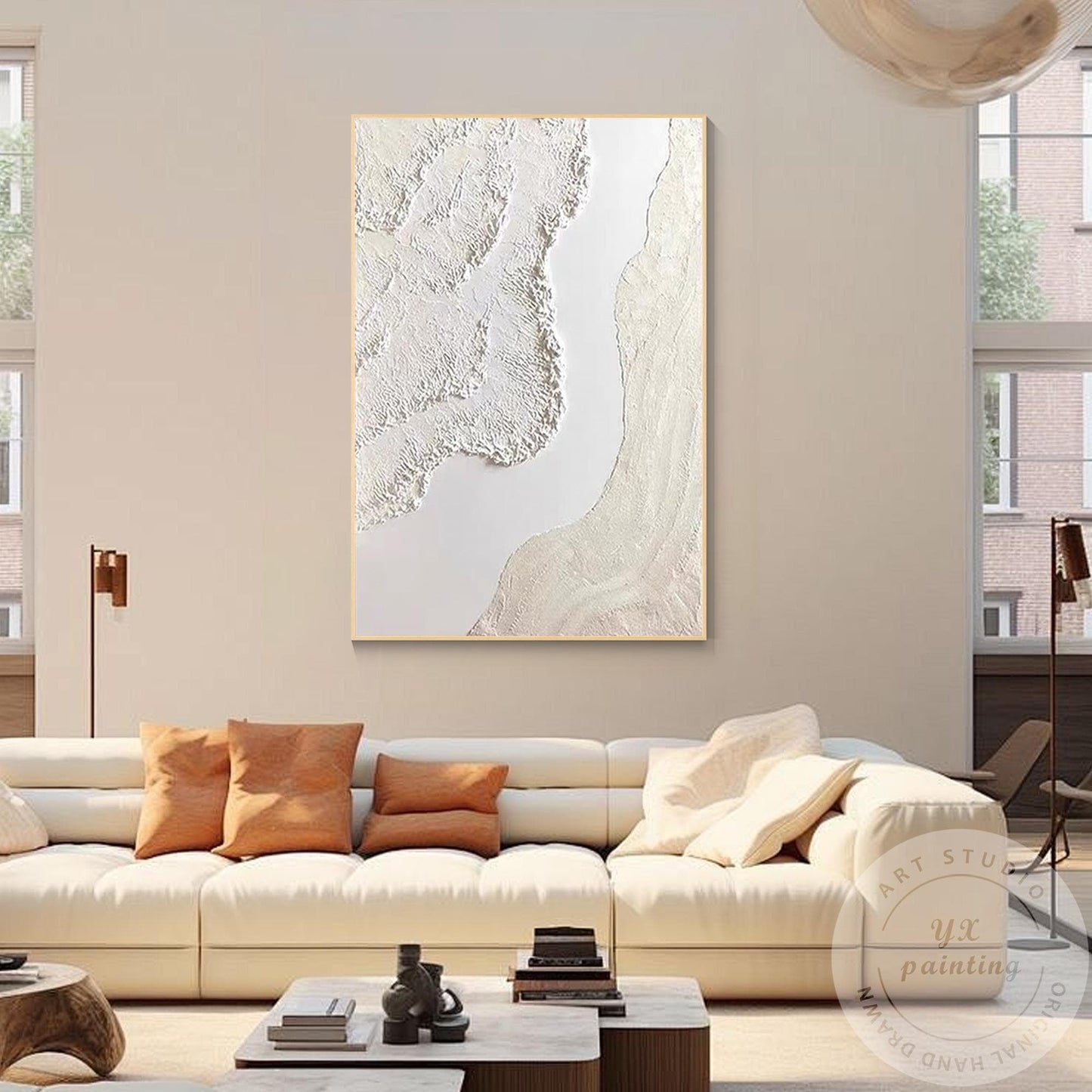 Cream Beige 3D Texture Abstract Painting, Neutral Plaster Wave Canvas Art, Minim #3