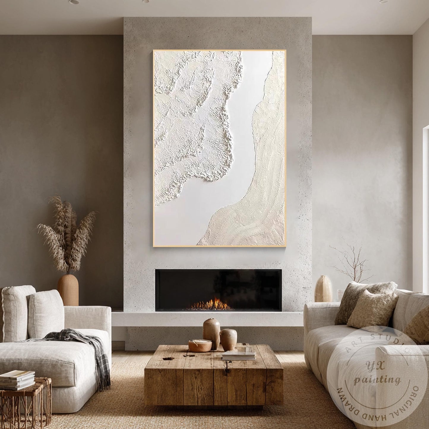 Cream Beige 3D Texture Abstract Painting, Neutral Plaster Wave Canvas Art, Minim #8