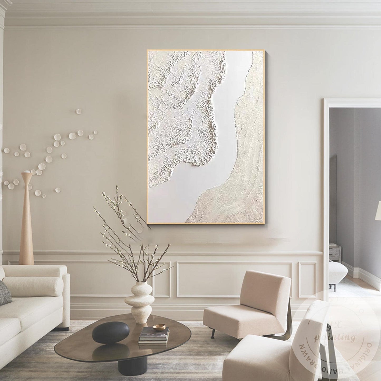 Cream Beige 3D Texture Abstract Painting, Neutral Plaster Wave Canvas Art, Minim #10