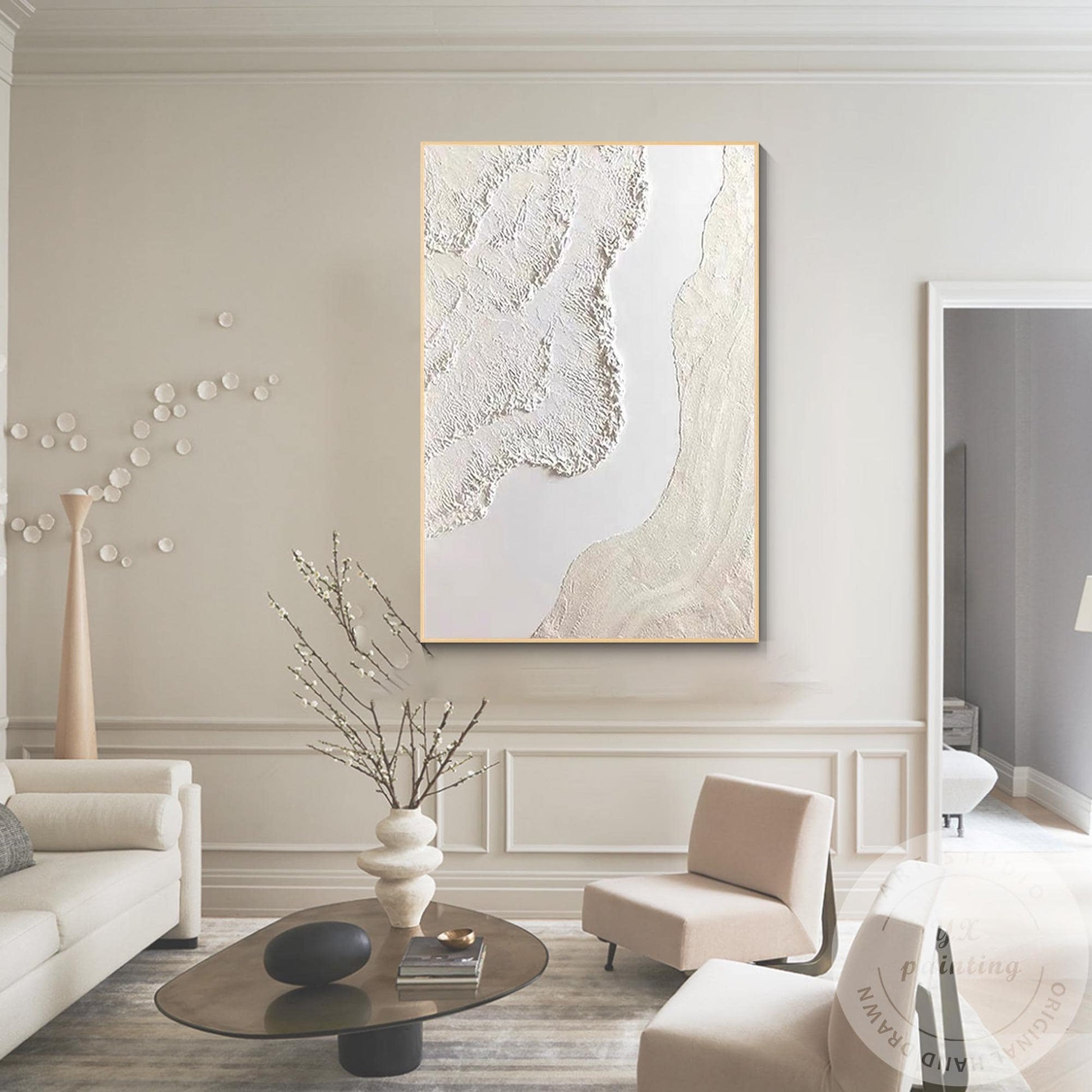 Cream Beige 3D Texture Abstract Painting, Neutral Plaster Wave Canvas Art, Minim #10