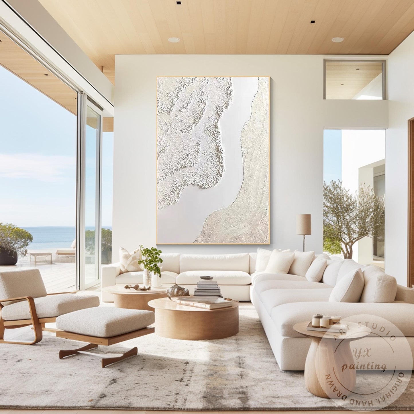 Cream Beige 3D Texture Abstract Painting, Neutral Plaster Wave Canvas Art, Minim #1
