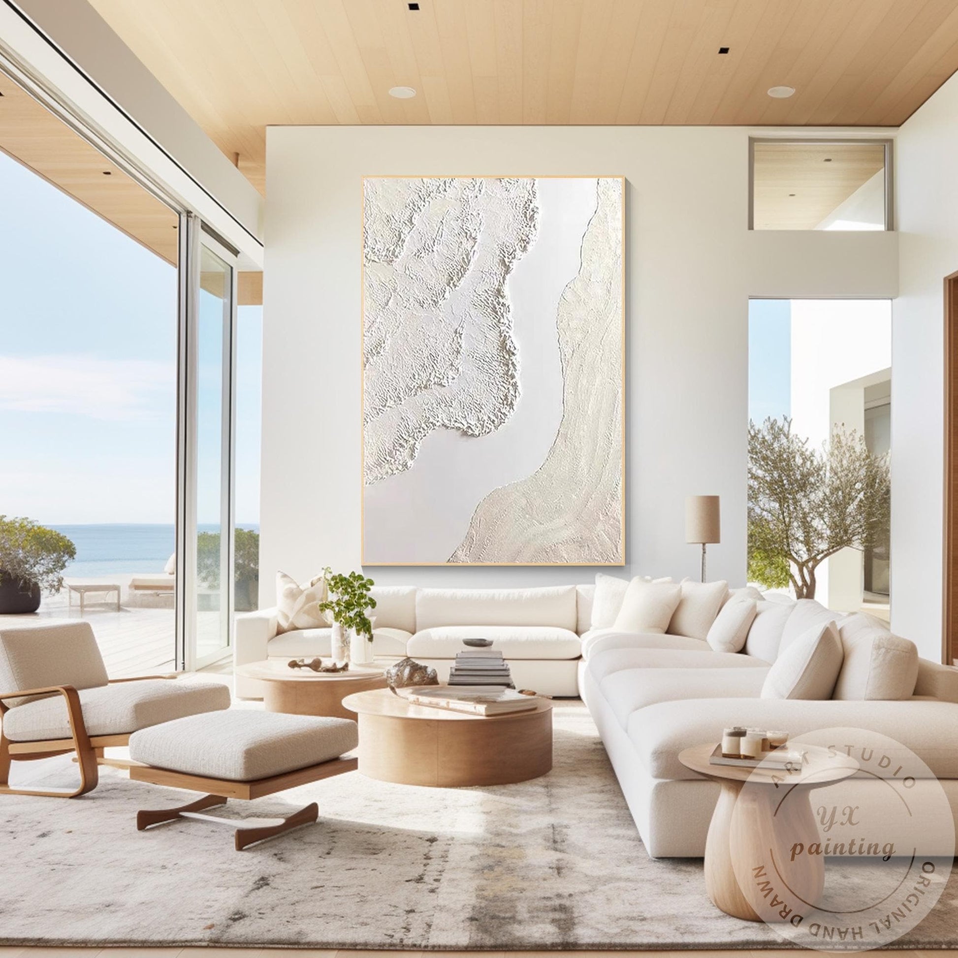 Cream Beige 3D Texture Abstract Painting, Neutral Plaster Wave Canvas Art, Minim #1