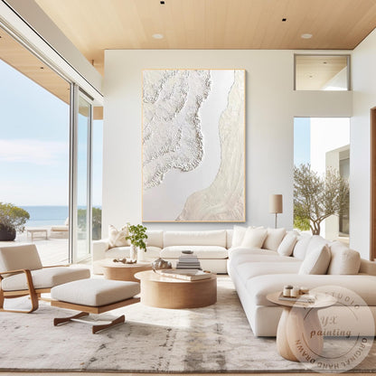 Cream Beige 3D Texture Abstract Painting, Neutral Plaster Wave Canvas Art, Minim #1