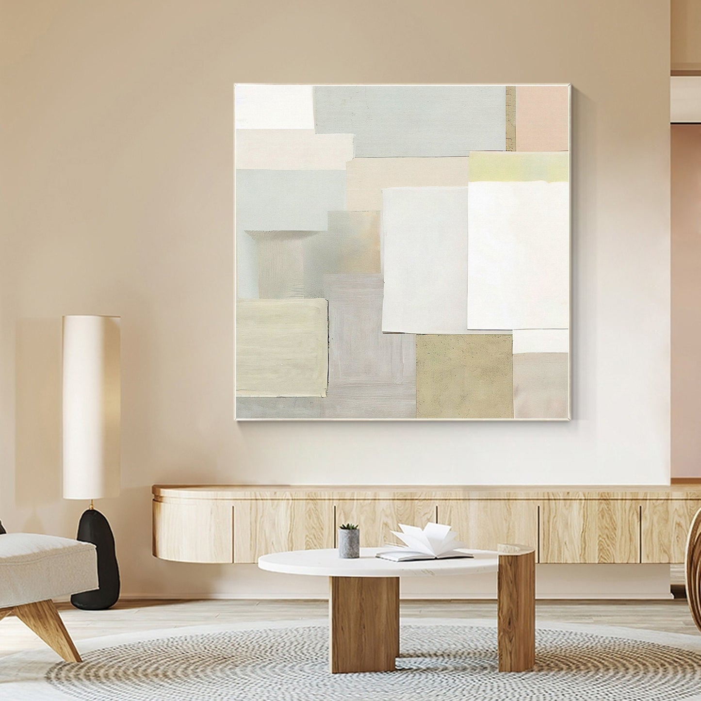 Cream Style Art Geometric Painting Minimalist Painting On Canvas, Square Wall Ar #1