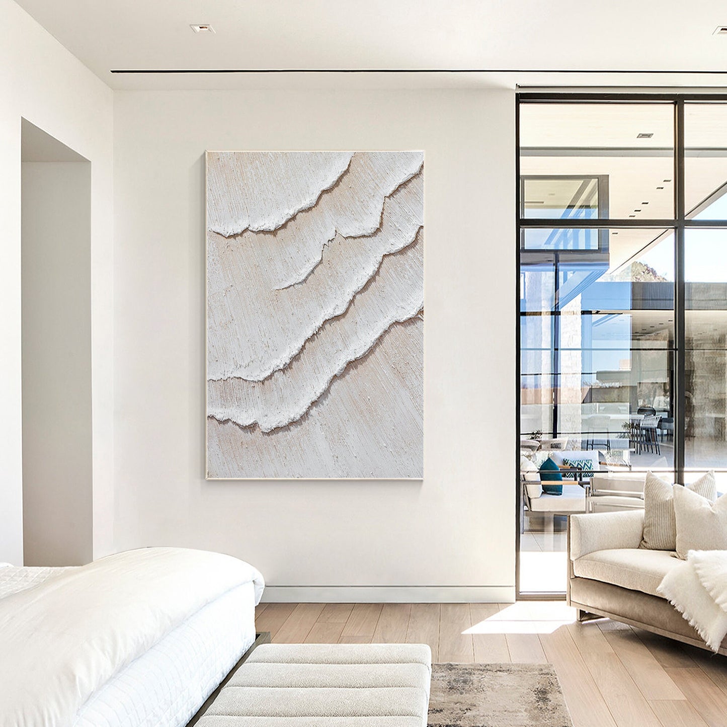 Cream White Beige Minimalist Painting on Canvas, 3D Textured Cream Beige Ocean W #4