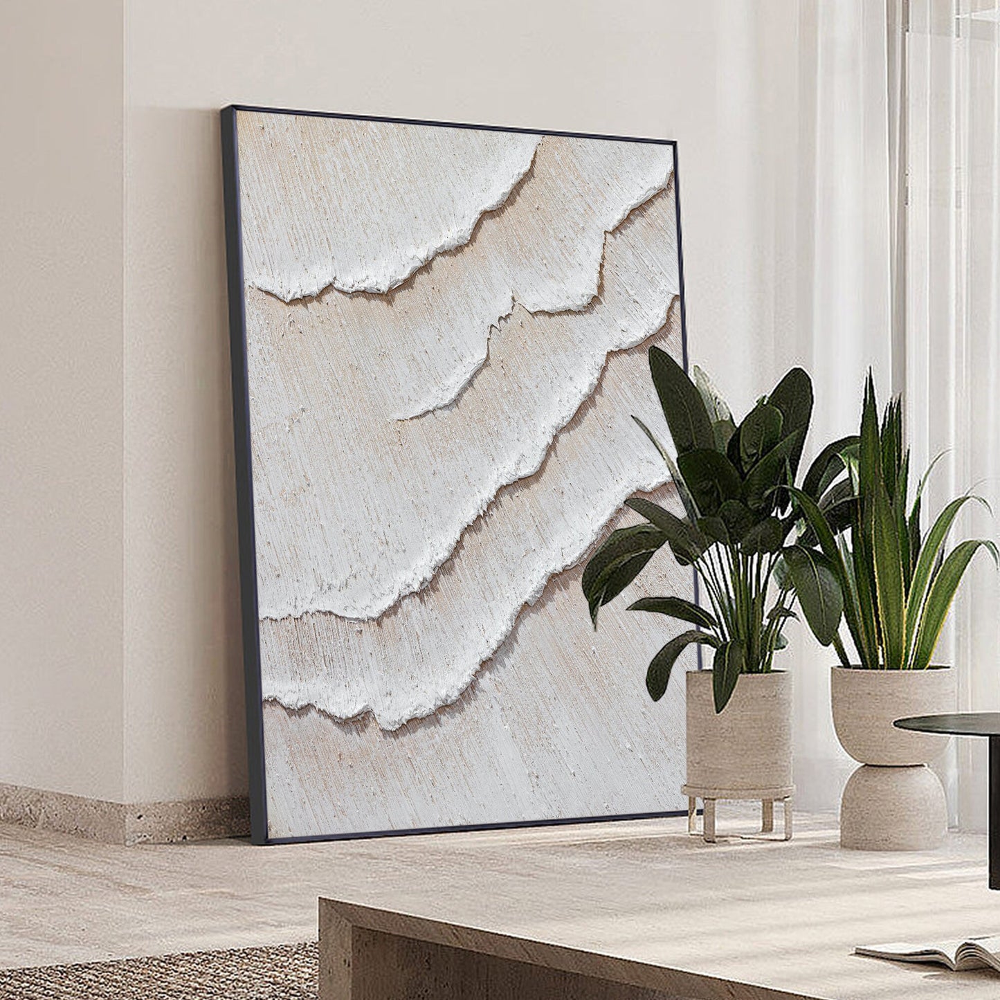 Cream White Beige Minimalist Painting on Canvas, 3D Textured Cream Beige Ocean W #5