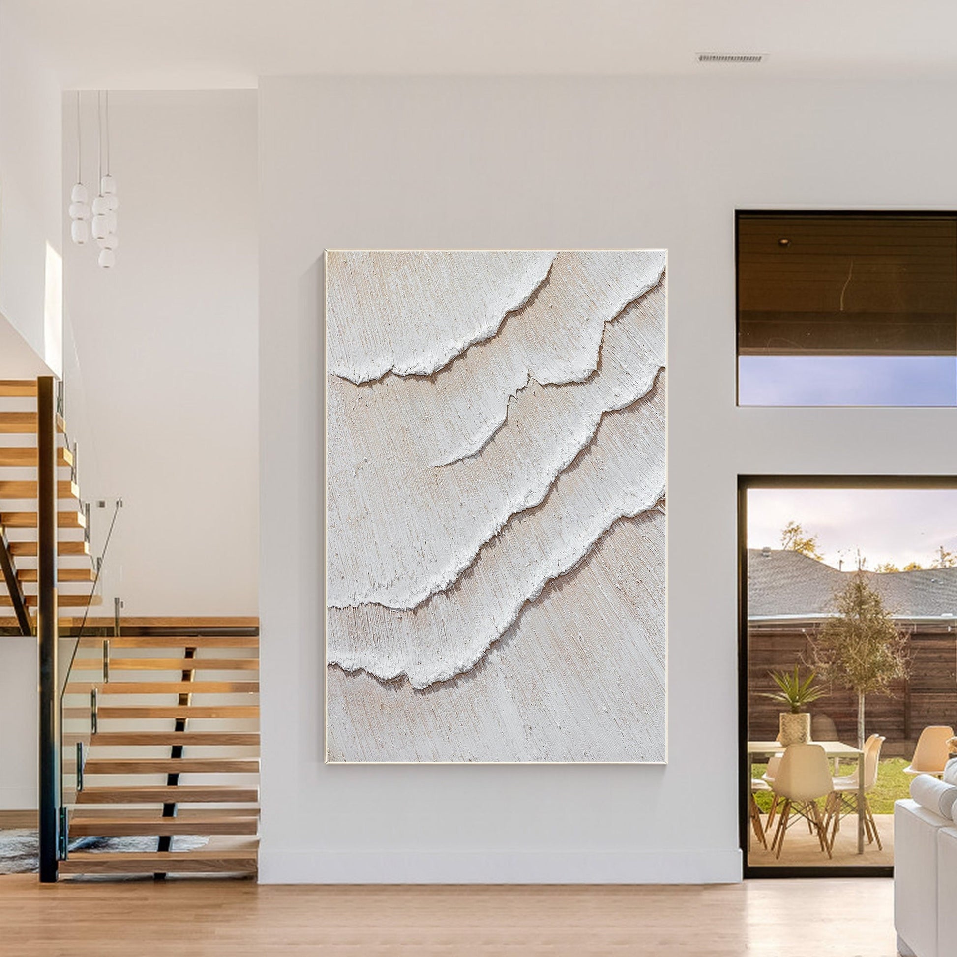 Cream White Beige Minimalist Painting on Canvas, 3D Textured Cream Beige Ocean W #1