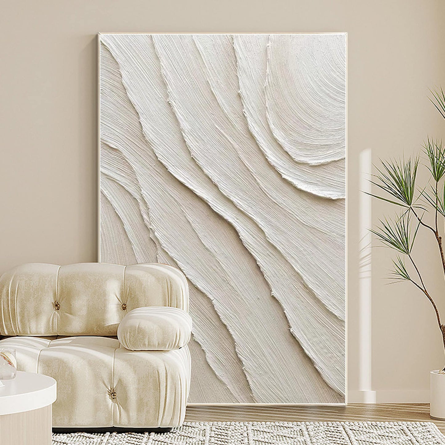 Cream White Beige Minimalist Painting on Canvas, 3D Textured Plaster Minimalist  #2
