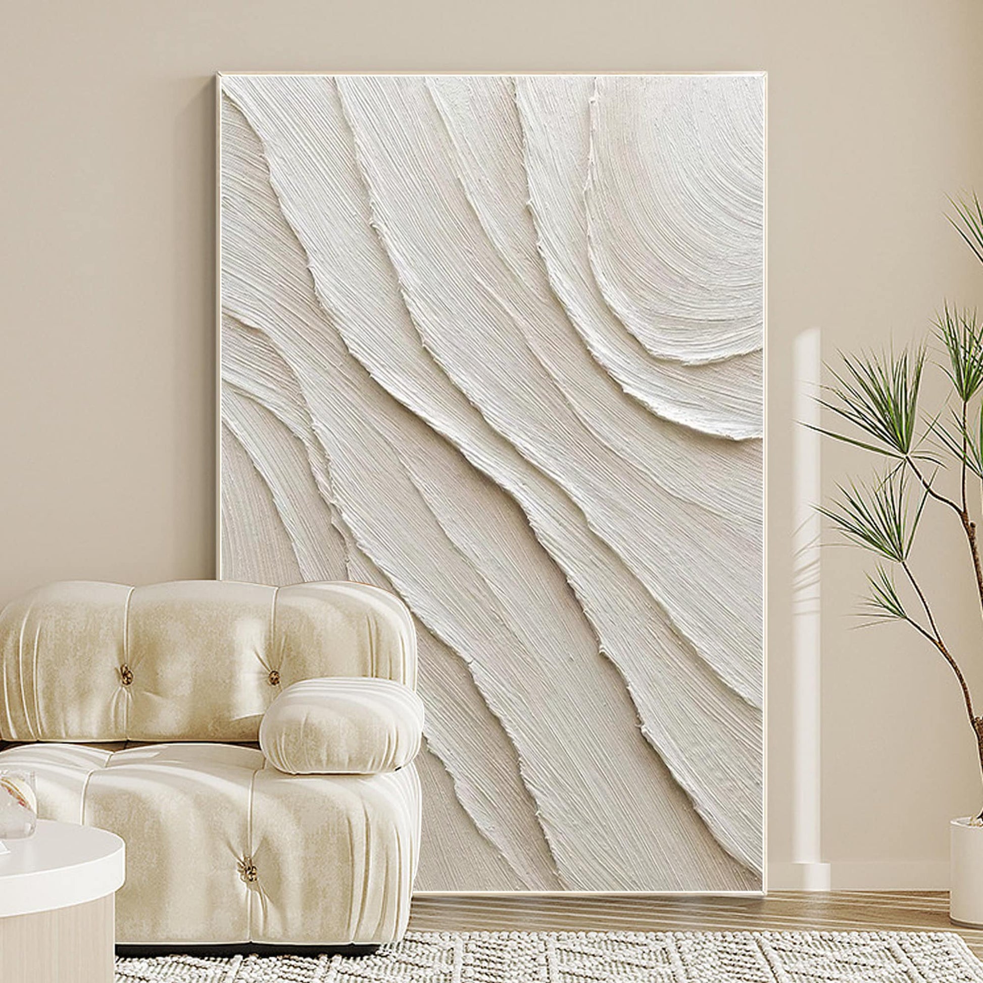 Cream White Beige Minimalist Painting on Canvas, 3D Textured Plaster Minimalist  #2