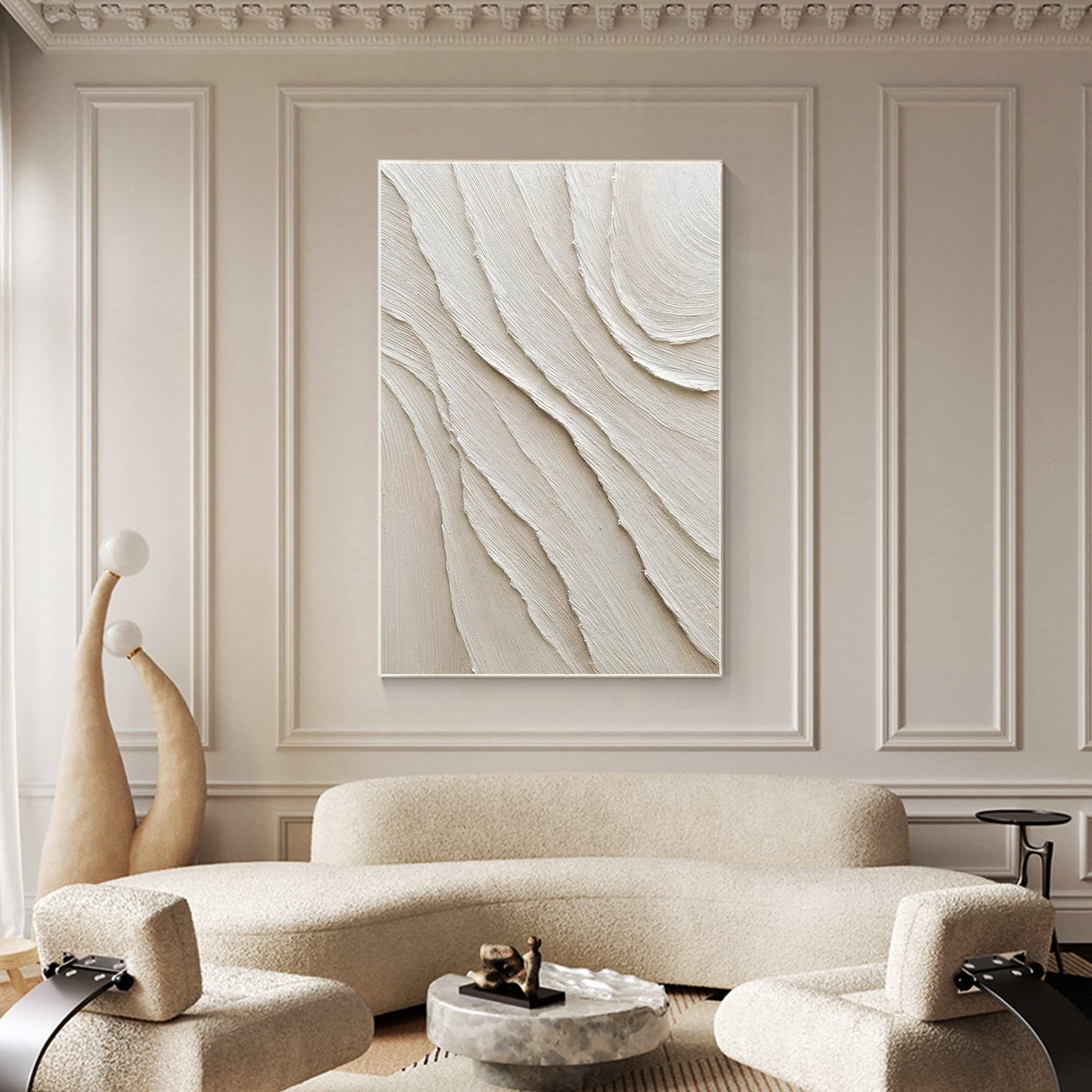 Cream White Beige Minimalist Painting on Canvas, 3D Textured Plaster Minimalist  #3