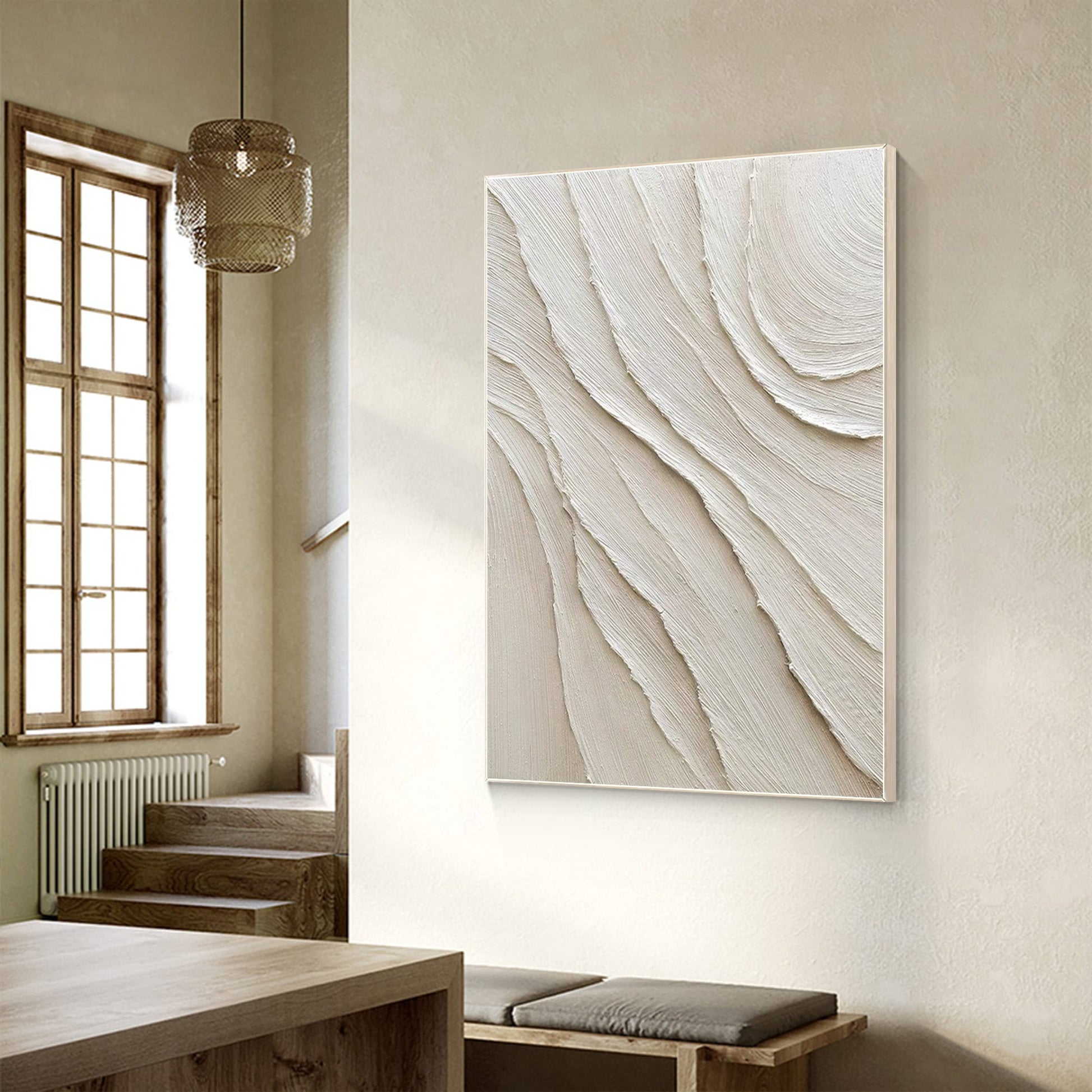 Cream White Beige Minimalist Painting on Canvas, 3D Textured Plaster Minimalist  #4