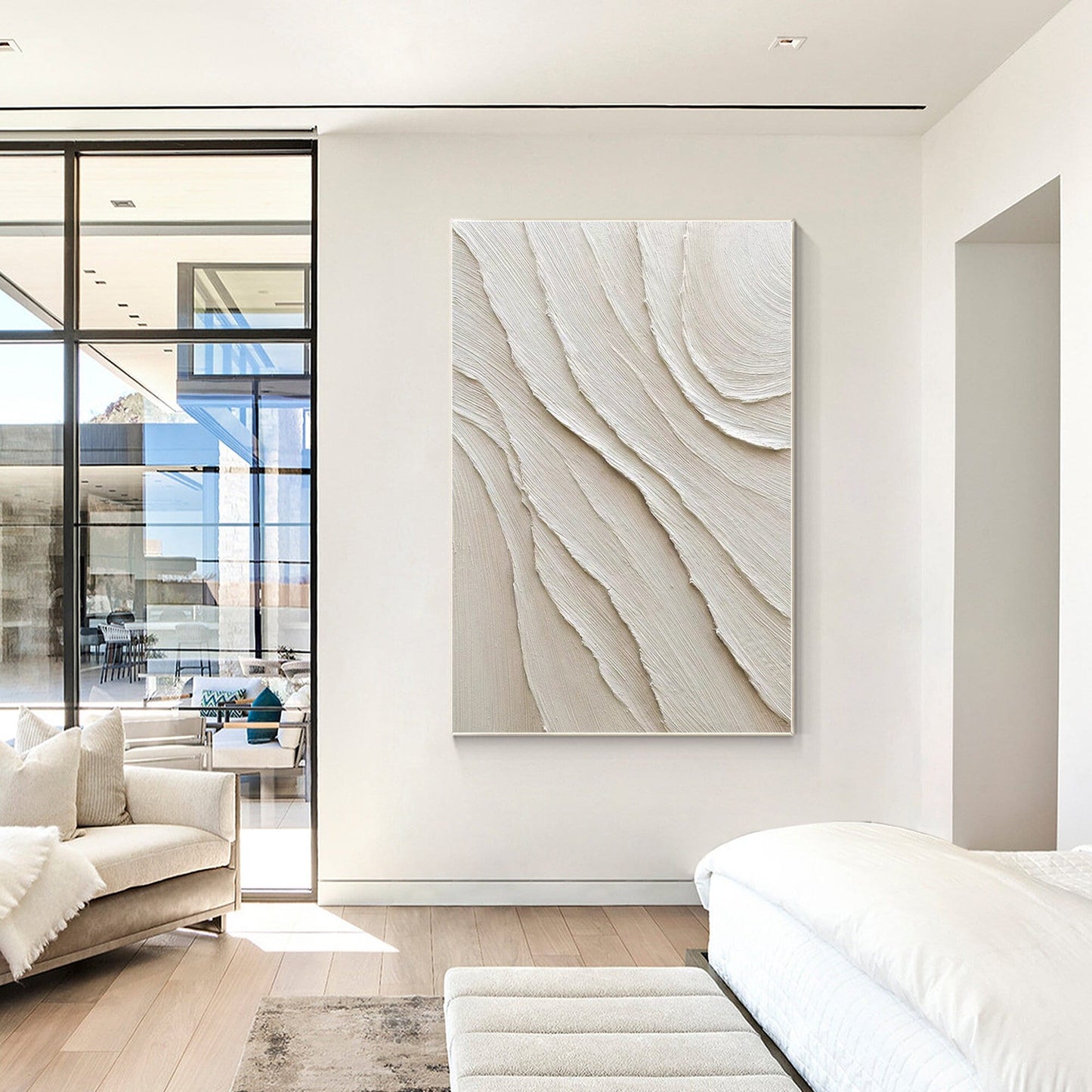 Cream White Beige Minimalist Painting on Canvas, 3D Textured Plaster Minimalist  #1