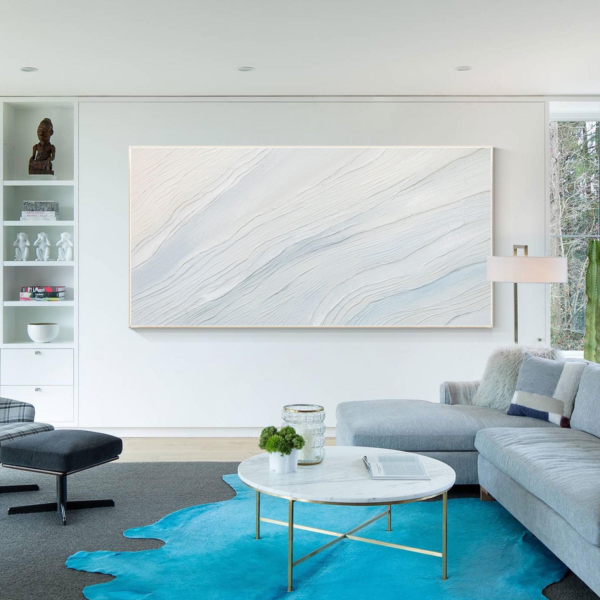 Cream White Light Blue Minimalist Painting on Canvas, 3D Textured Abstract Ocean #3