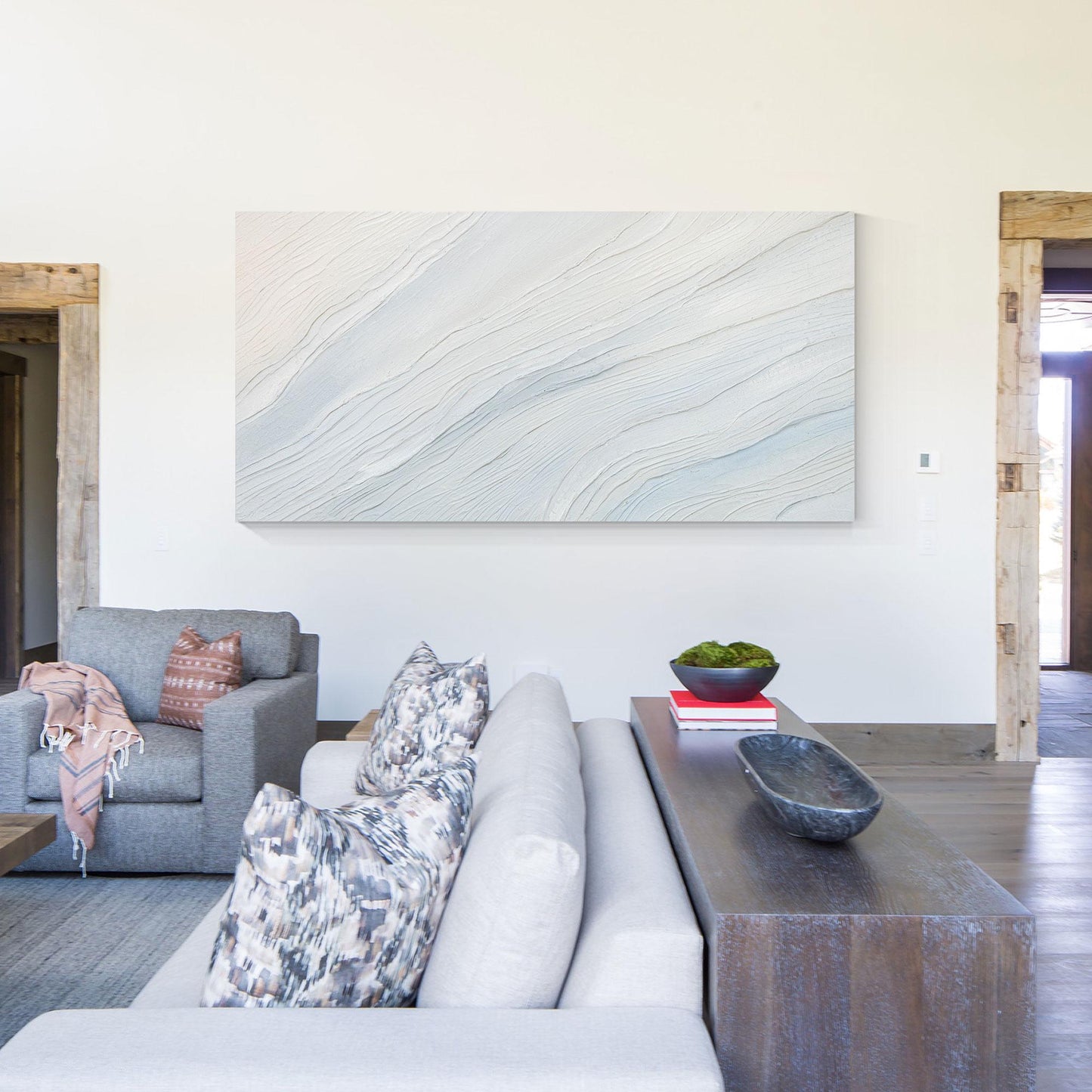 Cream White Light Blue Minimalist Painting on Canvas, 3D Textured Abstract Ocean #4