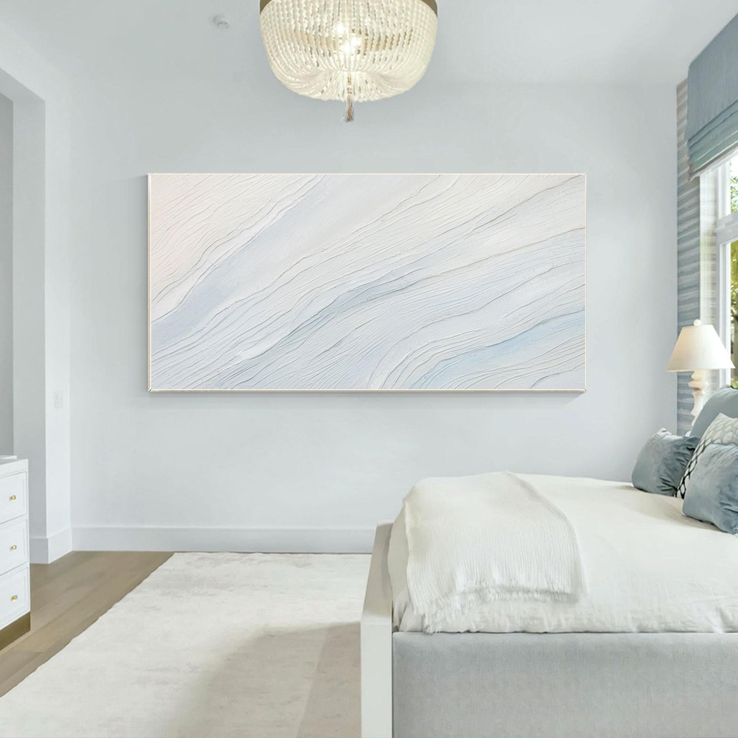Cream White Light Blue Minimalist Painting on Canvas, 3D Textured Abstract Ocean #5