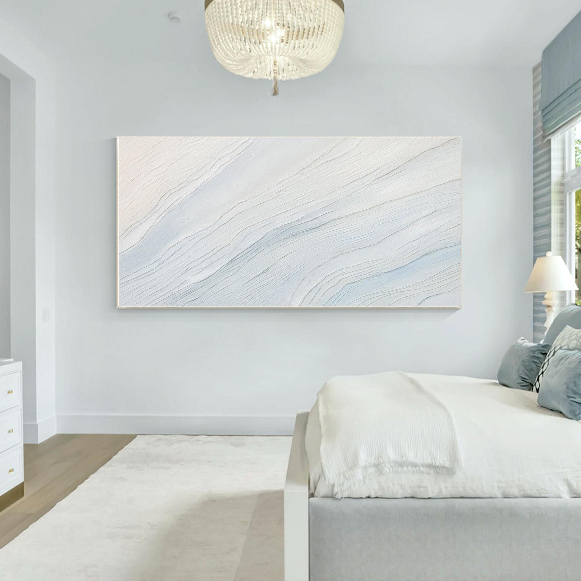 Cream White Light Blue Minimalist Painting on Canvas, 3D Textured Abstract Ocean #5