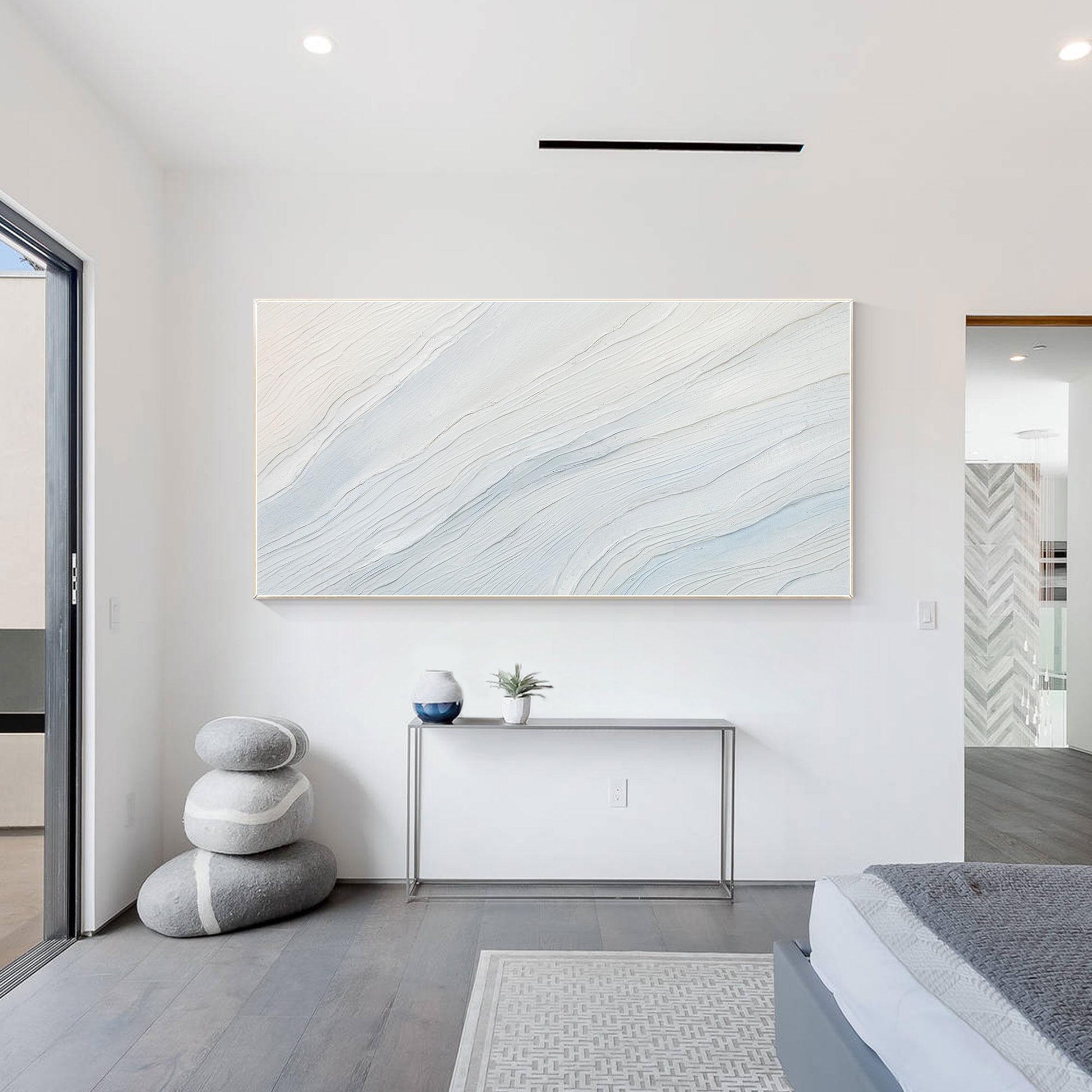 Cream White Light Blue Minimalist Painting on Canvas, 3D Textured Abstract Ocean #6