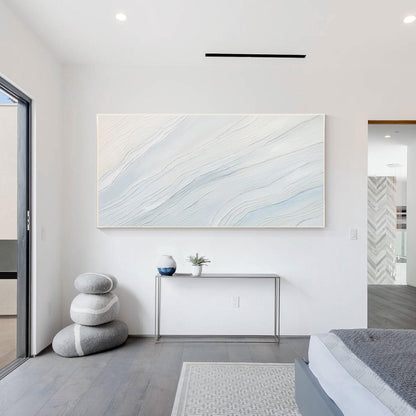 Cream White Light Blue Minimalist Painting on Canvas, 3D Textured Abstract Ocean #6