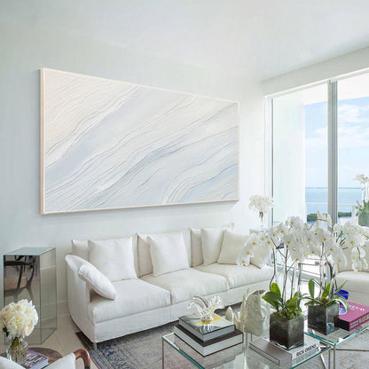Cream White Light Blue Minimalist Painting on Canvas, 3D Textured Abstract Ocean #1