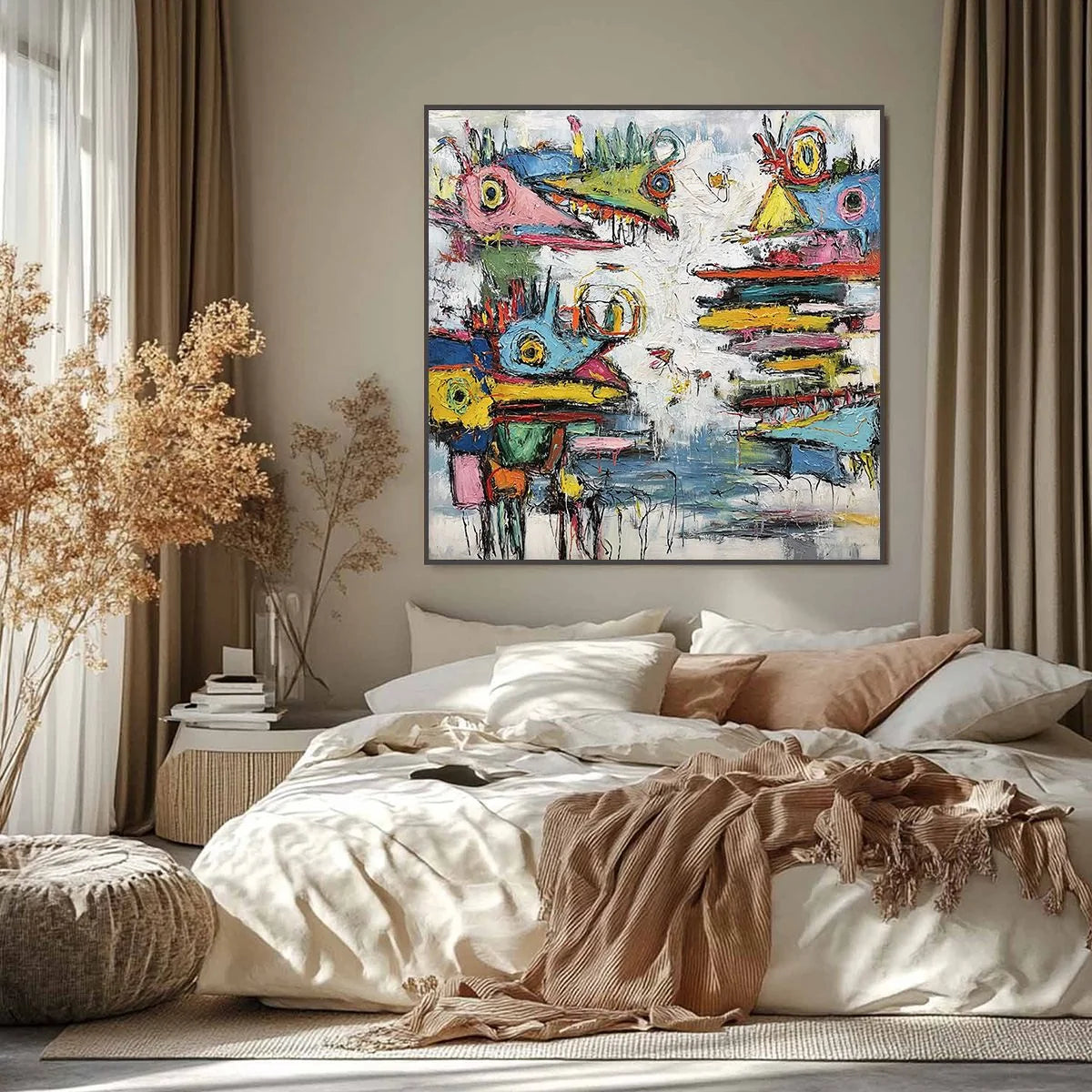 CREATURE CARNIVAL: Colorful Abstract Impasto Painting with Whimsical Figures | Abstract closeup, raised brushwork detail